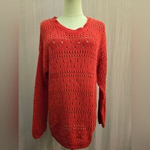 Paradox Women's V-Neck Crochet Open Knit Long Sleeve Sweater- Red, Small